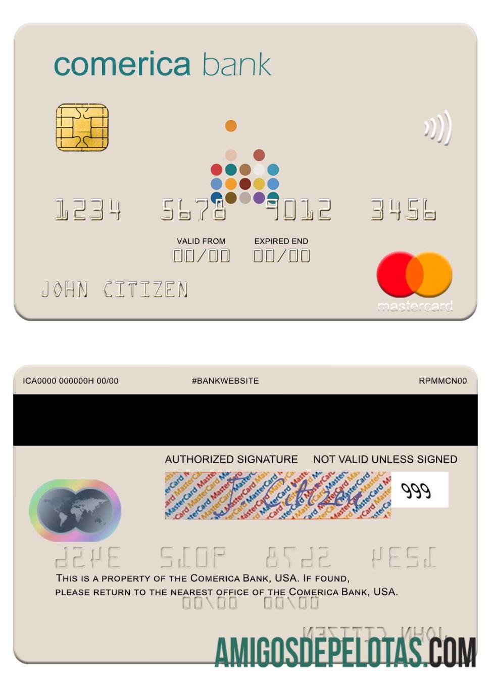 Mastercard do Banco Comerica dos EUA modelo